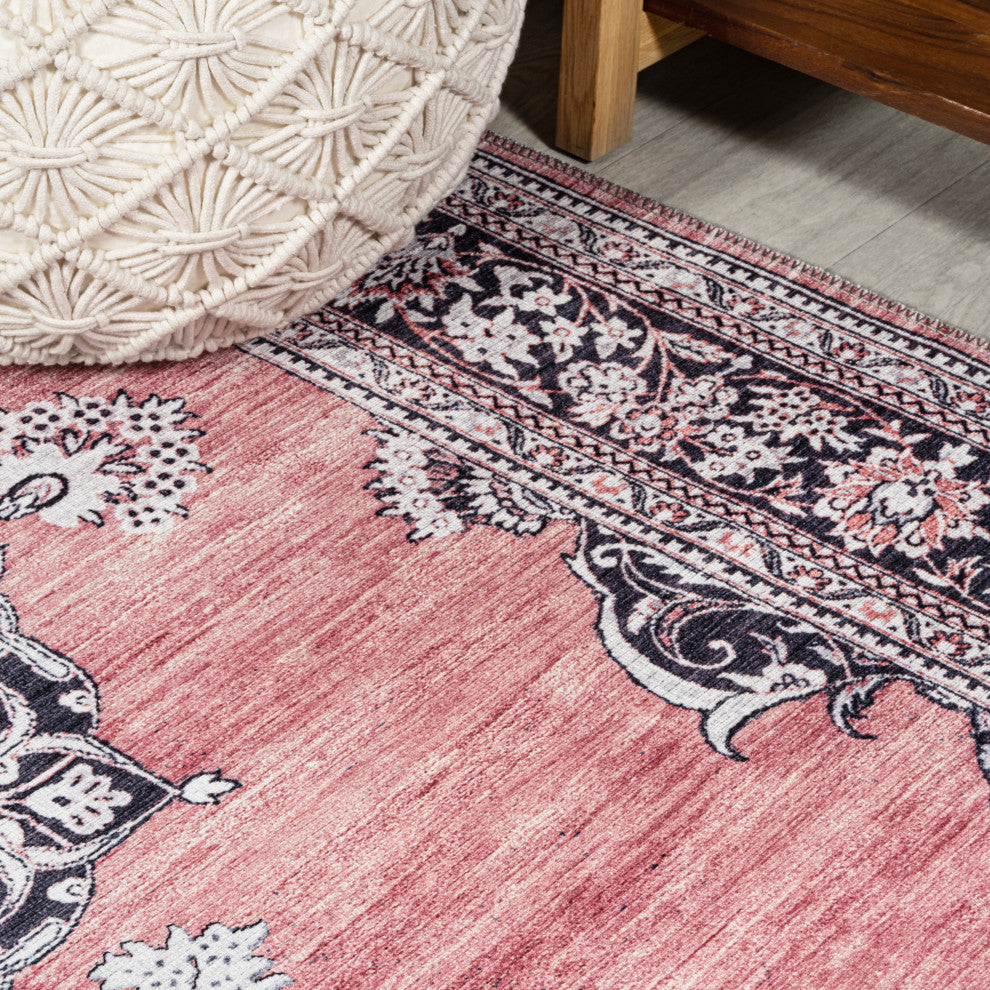 Bausch Distressed Chenille Washable Dark Pink/Black/White 5 ft. x 8 ft. Area Rug