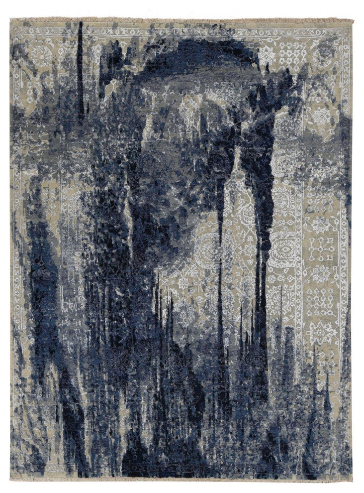 Blue Wool and Silk Japanese Shibori Design Hand Knotted Rug 6' x 8'10"