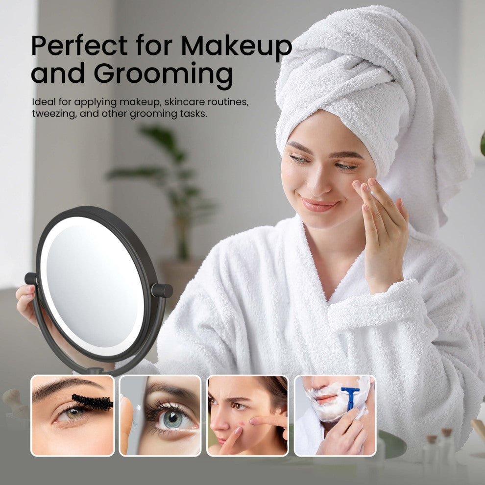 Circular LED Free Standing Magnifying Make Up Mirror, Matte Black