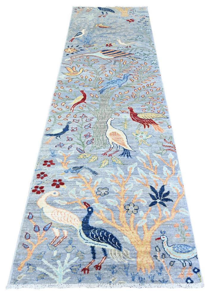 Gray Wool Afghan Peshawar Birds of Paradise Hand Knotted Runner Rug, 2'9"x9'8"