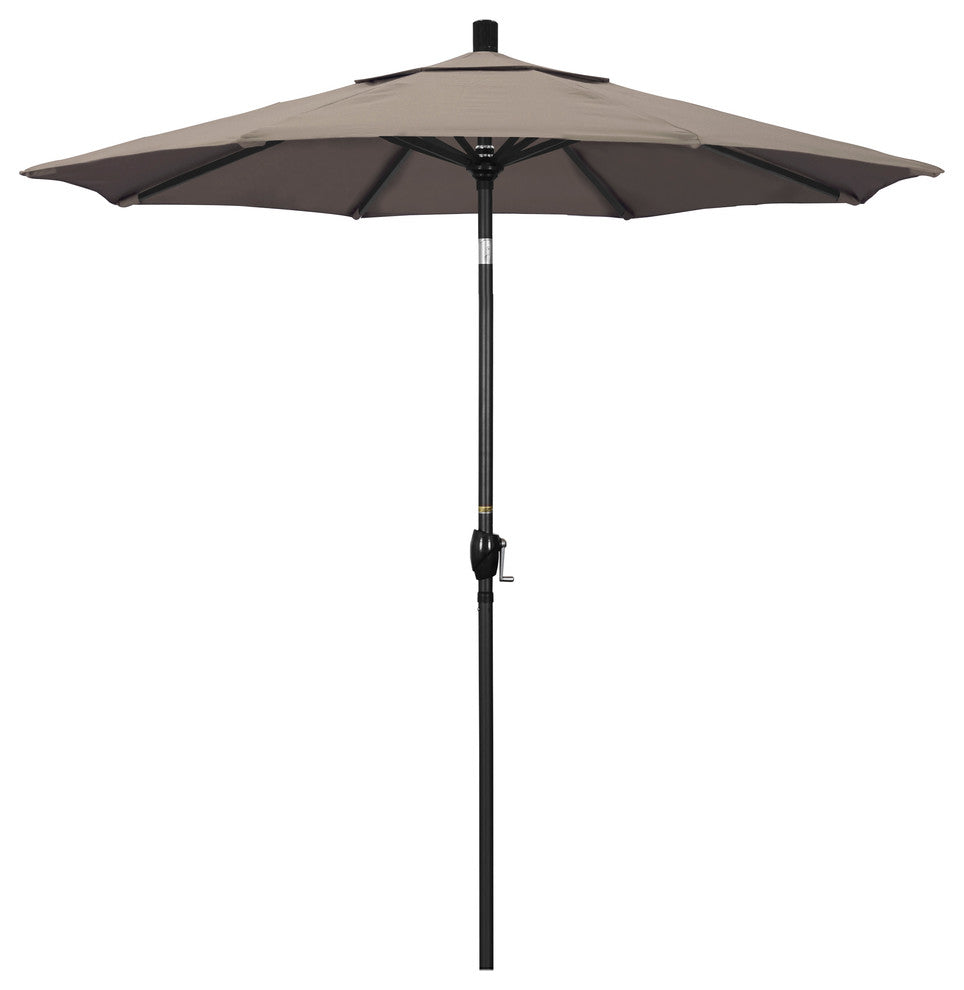 7.5' Matted Black Push-Button Tilt Crank Aluminum Umbrella, Taupe Sunbrella