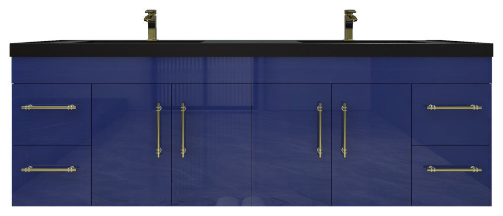 Rosa 72" Wall Mounted Modern Vanity, High Gloss Night Blue, Matt Black Top