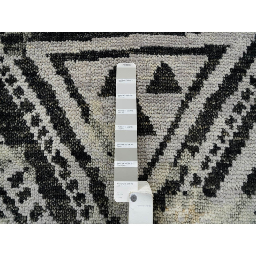 Gray, Erased Ethnic Geometric Design, Pure Wool Hand Knotted Rug, 9'1" x 12'0"