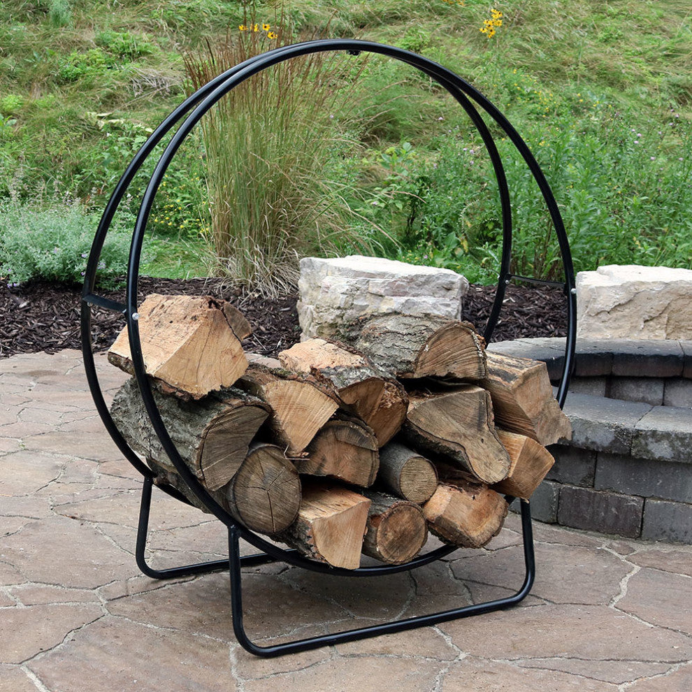 Sunnydaze Firewood Log Hoop Holder With Black Cover Outdoor Black Steel, 24"