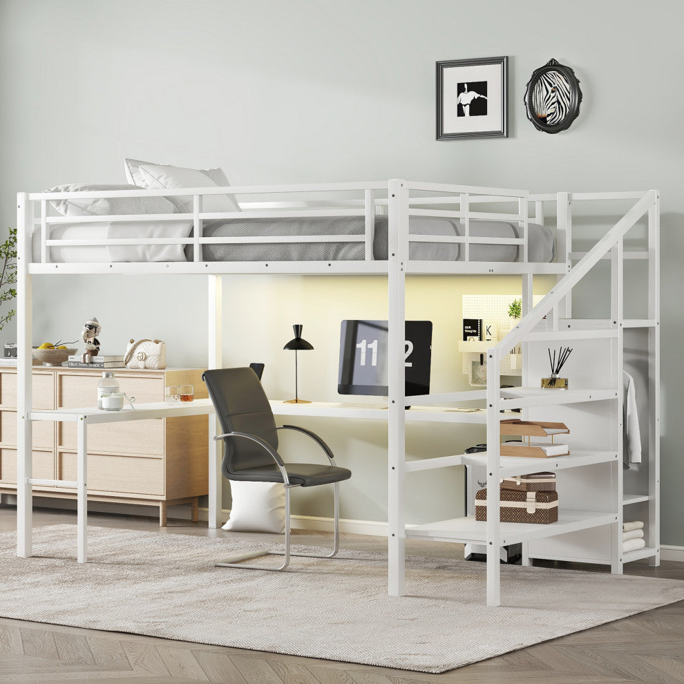 Gewnee Queen Size Loft Bed with L-shaped Desk and USB