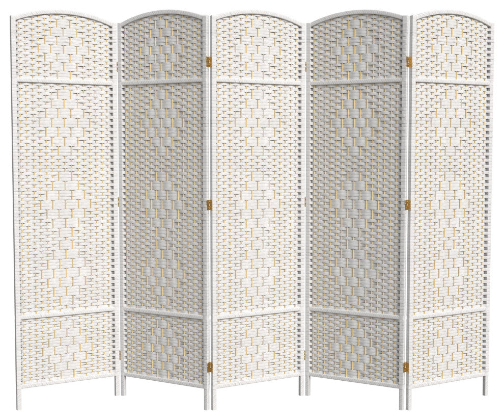 6' Tall Diamond Weave Fiber Room Divider, White, 5 Panel