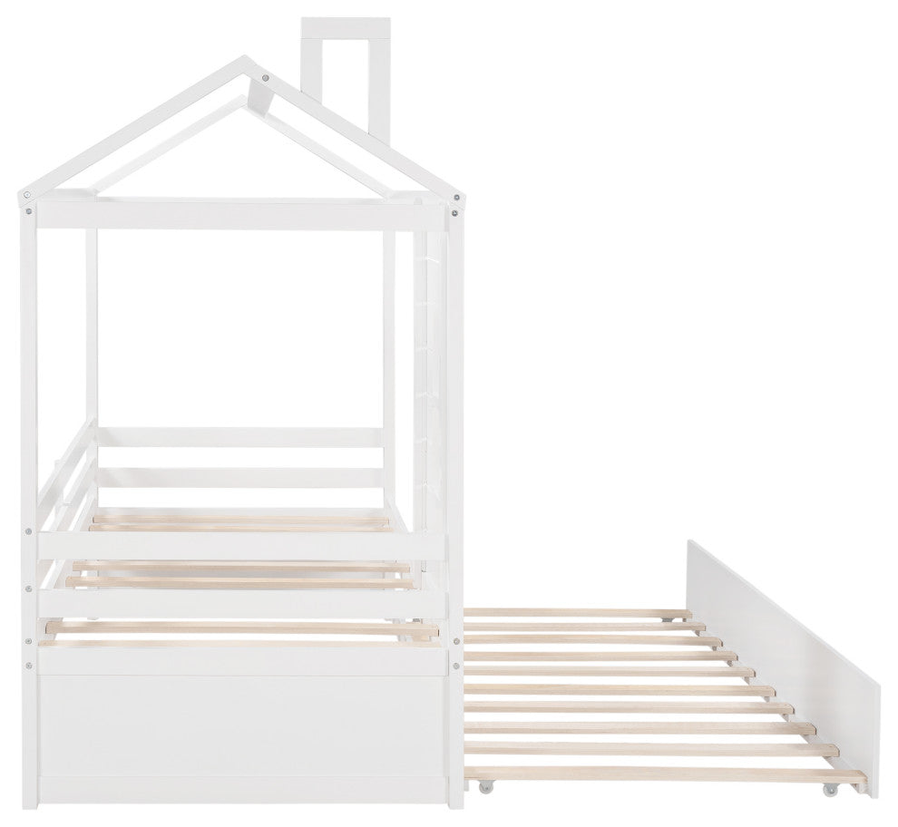 Gewnee Wood Twin House Bed with Twin Size Trundle in White