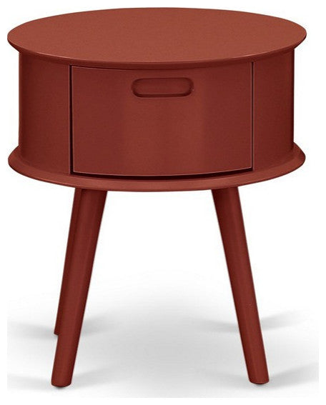 Gordon Round Night Stand End Table With Drawer, Burgundy Finish