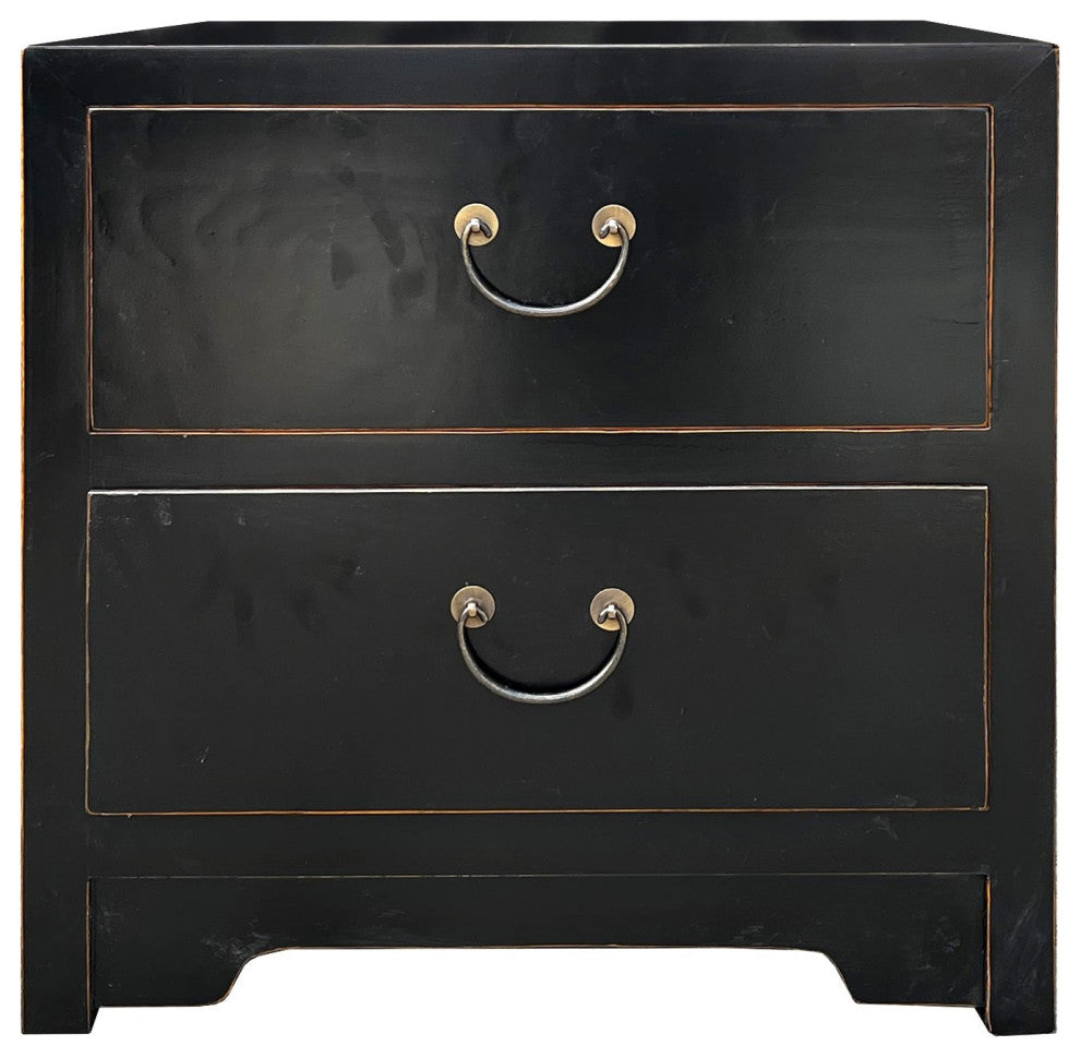 Oriental Black Lacquer 2 Drawers End Table Nightstand Cabinet Hcs7595