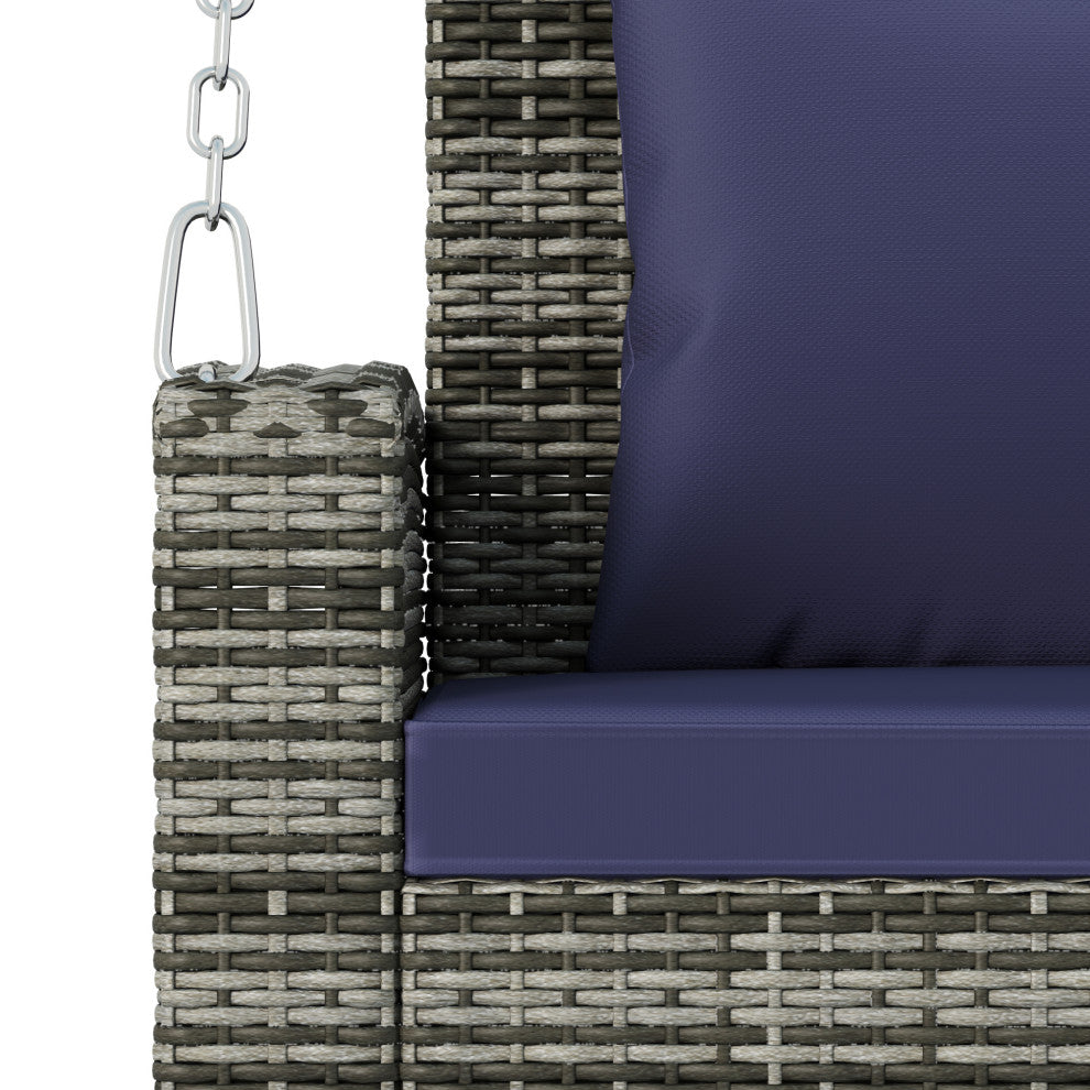 2-Person Wicker Hanging Rattan Porch Swing, Chains, Cushion, and Pillow, Gray Wicker