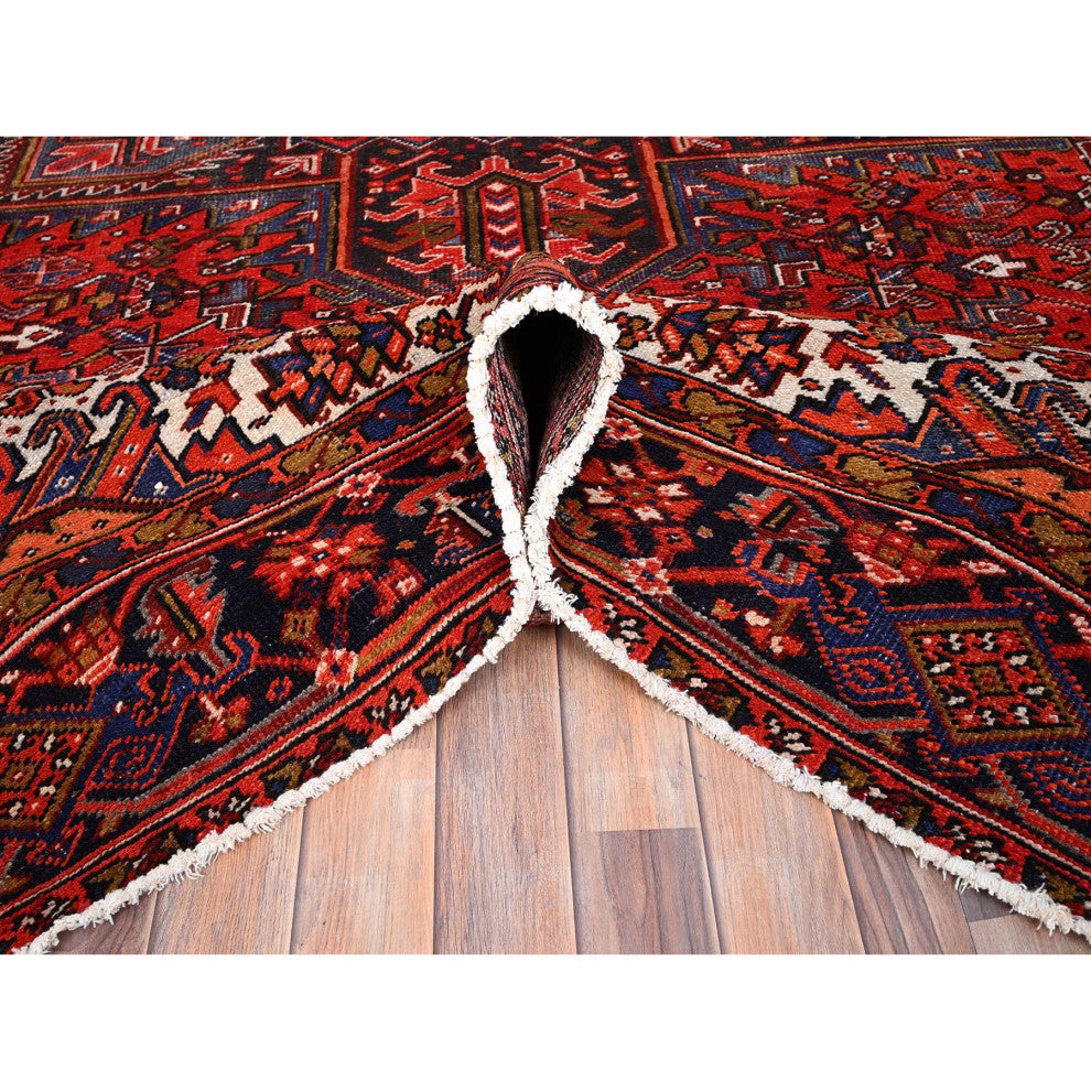 Fire Brick Red Pure Wool Hand Knotted Semi Antique Persian Heriz Rug 10'x13'2"