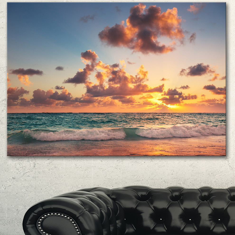 Sunrise on Beach of Caribbean Sea, Large Beach Canvas Wall Art, 40"x30"