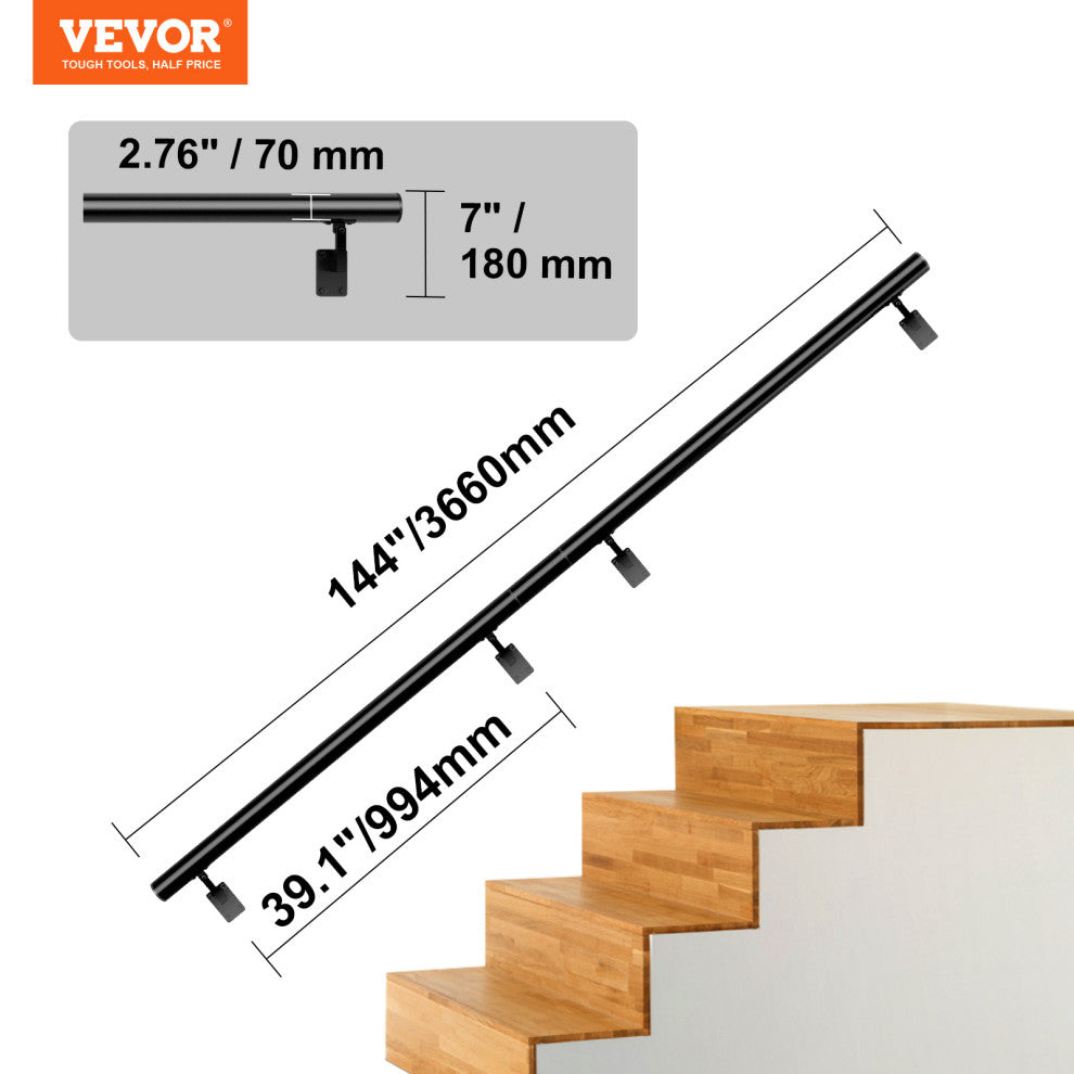 VEVOR 12 ft Wall-Mount Handrail Stair Railing Aluminum Alloy w/ Installation Kit
