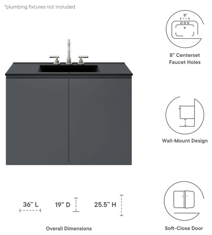 Sink Vanity Cabinet, Wall Mount, Gray Black, Ceramic, Modern, Bathroom