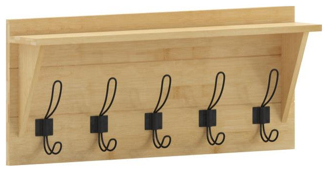 Daly Wall Mounted Solid Pine Wood Storage Rack With Upper Shelf and 5 Hooks, Bamboo
