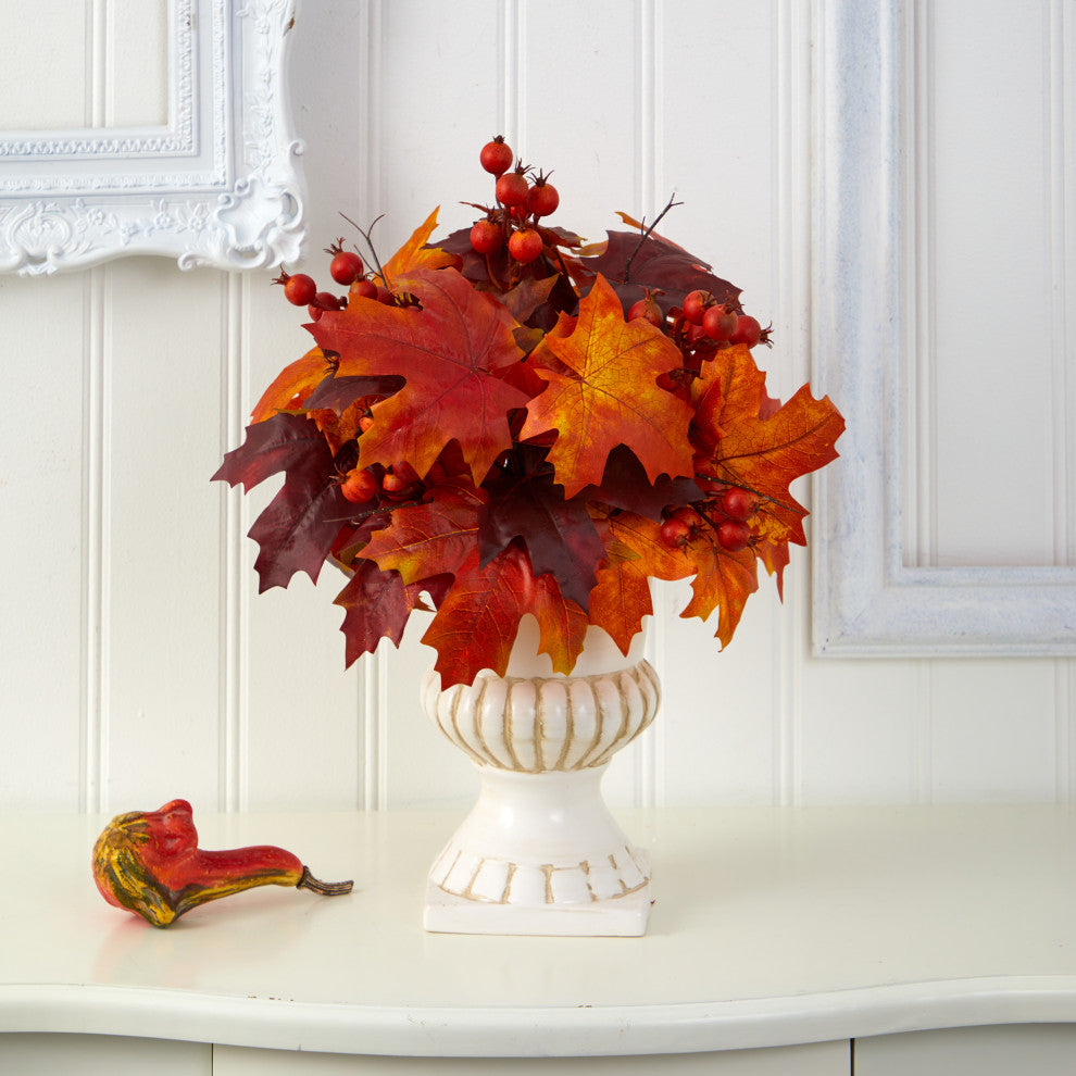 20" Autumn Maple Leaf and Berries Artificial Plant, White Urn