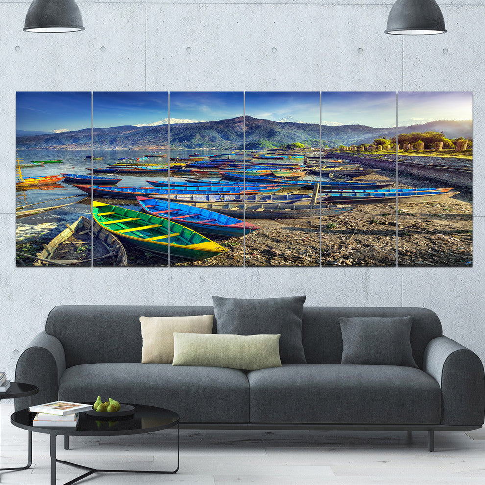 Colorful Boats in Pokhara Lake, Boat Canvas Art Print, 70"x28", 6 Panels