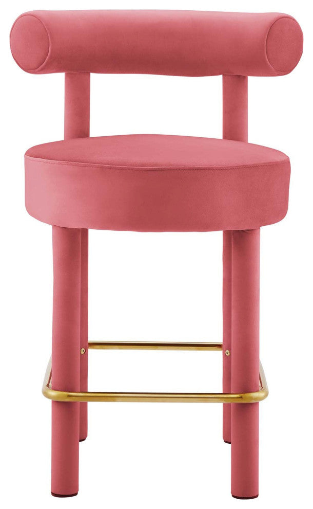 Toulouse Performance Velvet Counter Stool, Curved Round Bolster Kitchen Stool, Pink