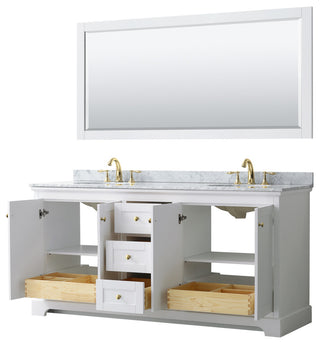 72"DBL Bath Vanity White, Carrara Countertop, Sinks, 70" Mirror, Gold Trim