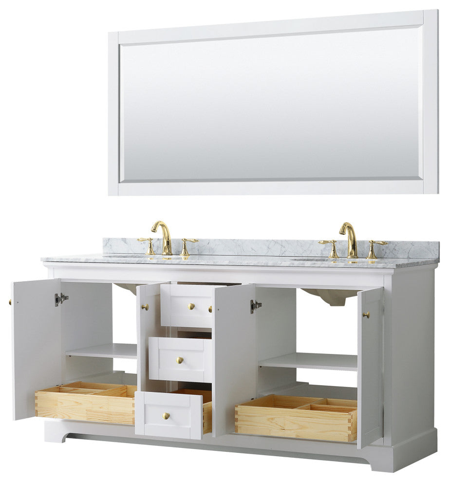 72"DBL Bath Vanity White, Carrara Countertop, Sinks, 70" Mirror, Gold Trim