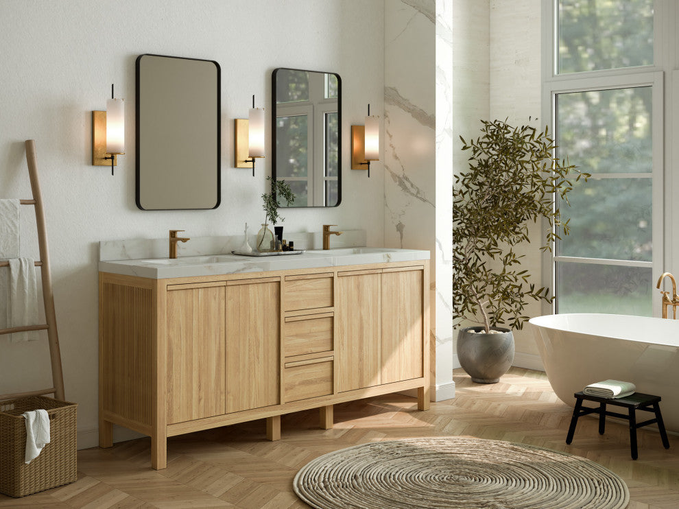 Elizabeth 72 Double Sink Bath Vanity in Light Natural Teak 2" Carrara Quartz