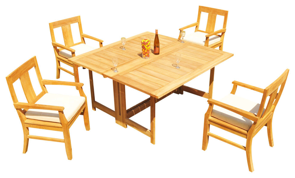 5-Piece Outdoor Teak Dining Set: 60" Square Butterfly Table, 4 Osbo Arm Chairs