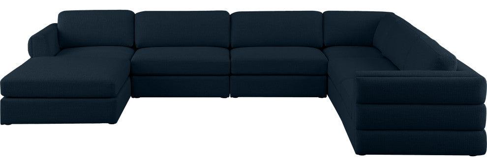 Beckham Linen Textured Fabric 7-Piece Modular U-Shaped Sectional, Navy