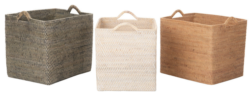 Loma Rectangular Tall Decorative Rattan Storage Basket with Ear Handles, Large, White Wash