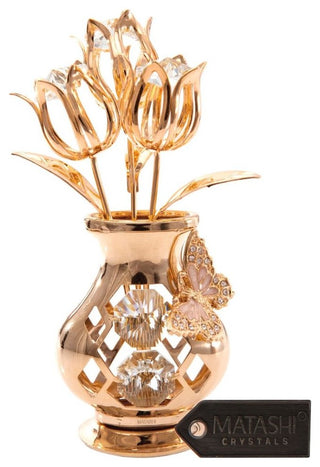 24K Gold Plated Crystal Flower Ornament in a Vase w/ Butterfly by Matashi