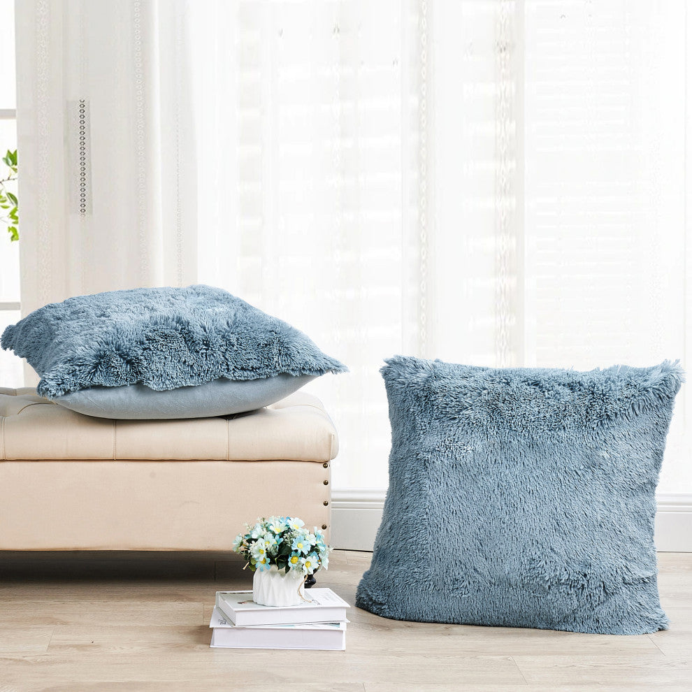 Shaggy Faux Fur Pillow Cover, Silver Blue, Set of 2, 26"x26"