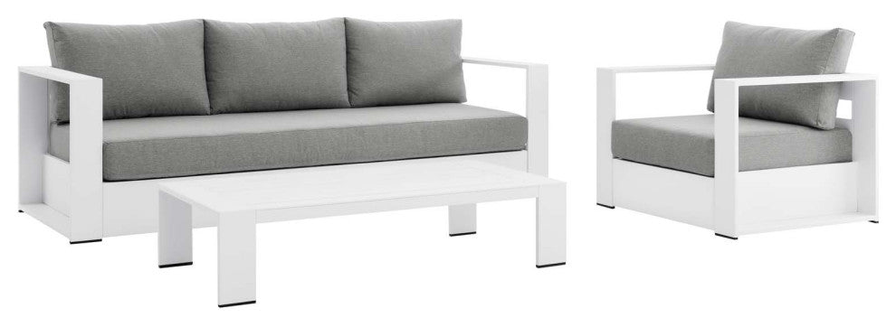 Sectional Sofa Table Set, White Gray, Aluminum, Modern, Outdoor Patio