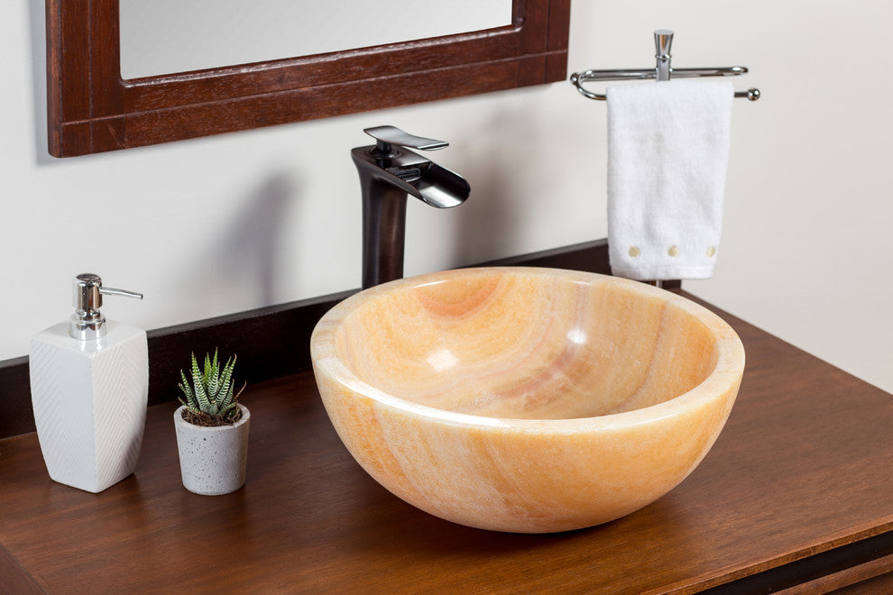 Natural Stone Vessel Bathroom Sink, Isidro Honey Onyx