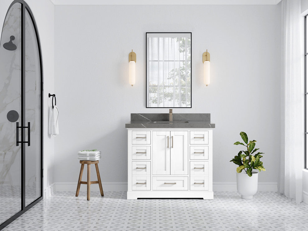 Boston 42 Single Sink Bath Vanity in White 2" Piatra Gray