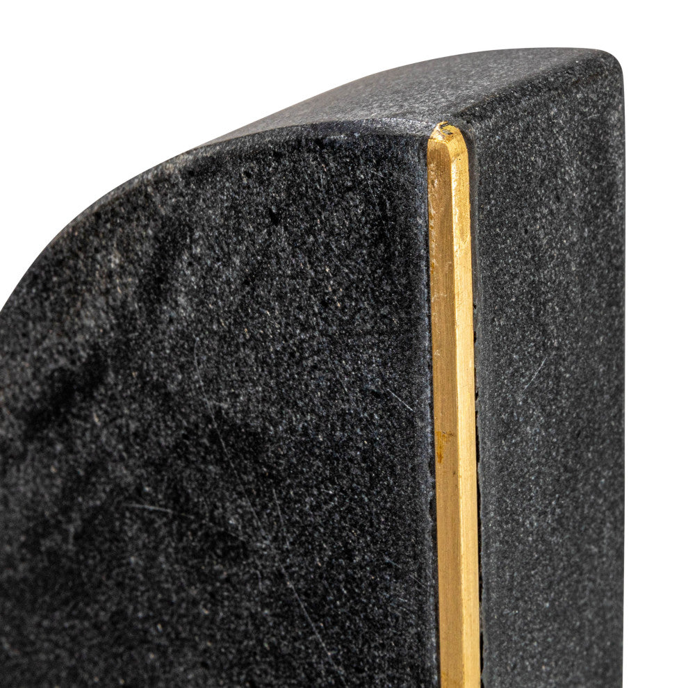 Boho Arched Semicircle Marble Bookends with Brass Detail, Set of 2, Black