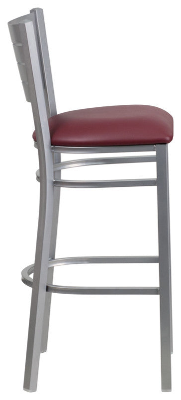 Silver Slat Back Metal Restaurant Barstool, Burgundy Vinyl Seat