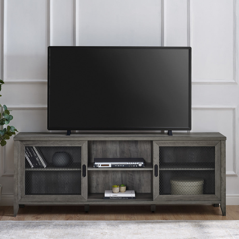 70" Industrial Sliding Mesh Door TV Console, Gray Wash