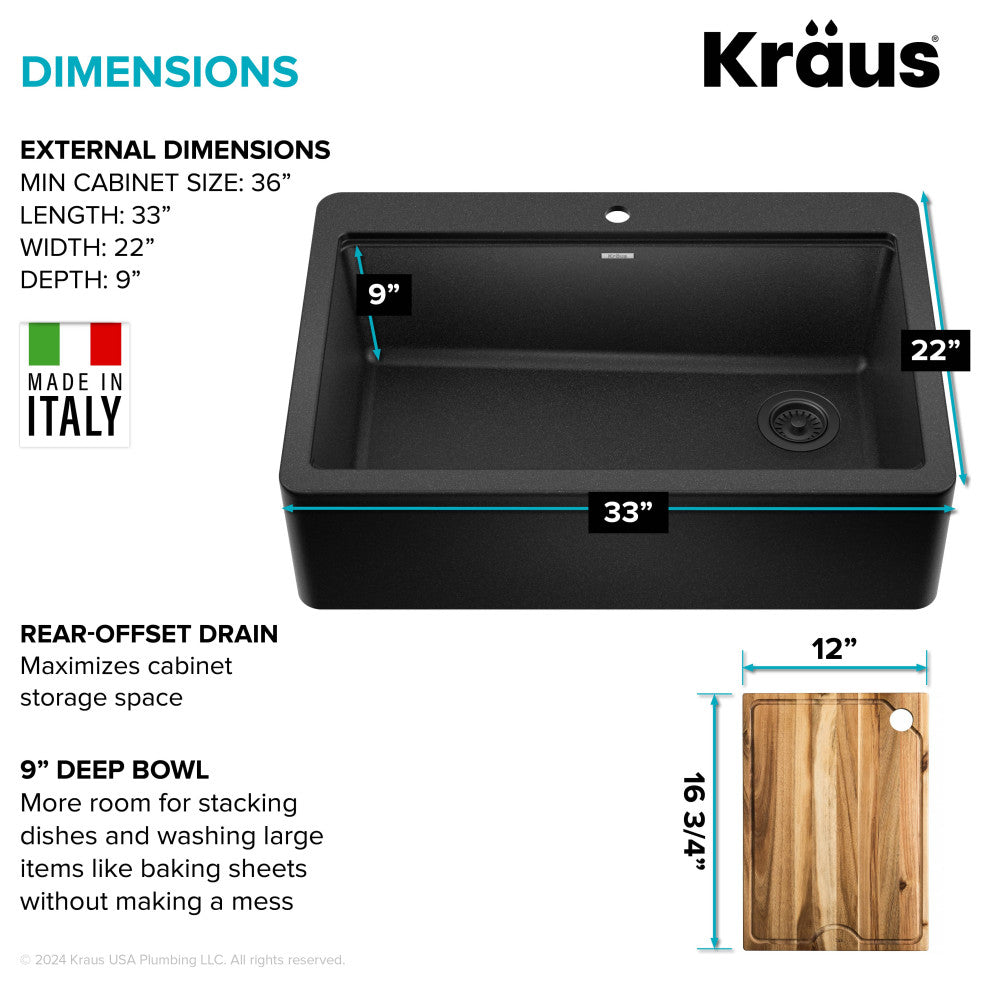 KRAUS Bellucci 33" Workstation Drop, Farmhouse Granite Kitchen Sink MBL