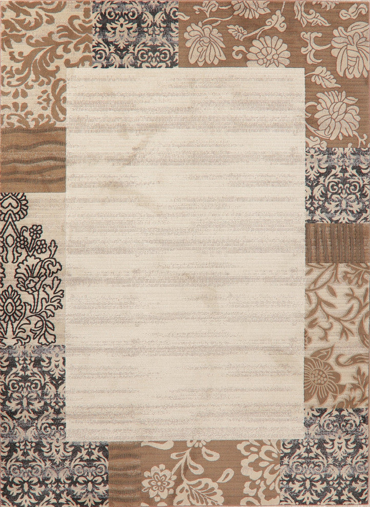 Modern Synthetic Pile Border Carpet Rustic Turkish Area Rug, Beige, 10'6"x7'10