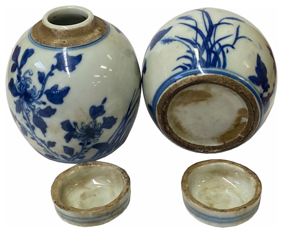 Pair Blue White Mini Oriental Flowers Graphic Porcelain Ginger Jars Hws1874