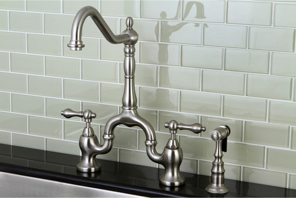 Kingston Brass Bridge Kitchen Faucet With Brass Sprayer, Brushed Nickel