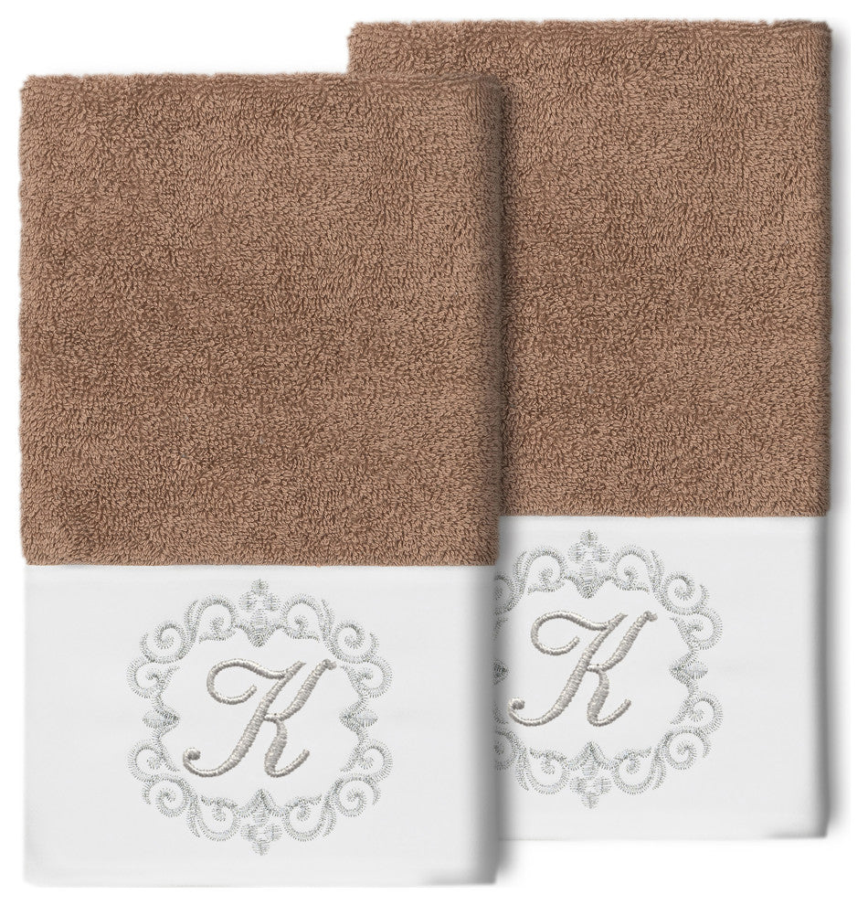 Linum Home Turkish Cotton Monica 2-Piece Embellished Hand Towel Set, Latte