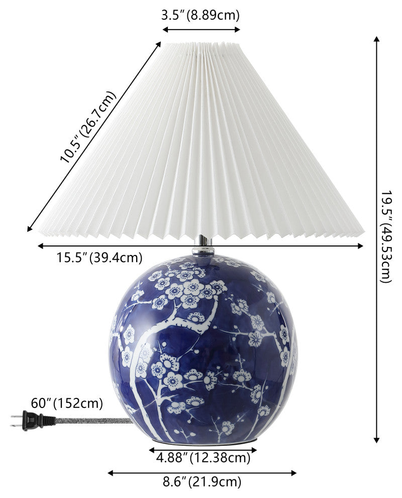 Shishen Cottage Classic Chinoiserie Ceramic Orb LED Table Lamp, Pleated Shade