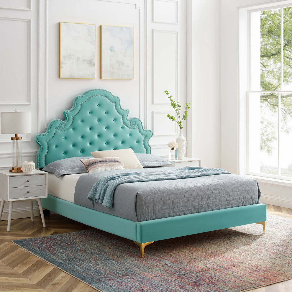 Tufted Platform Bed Frame, Twin Size, Velvet, Blue, Modern Contemporary, Bedroom