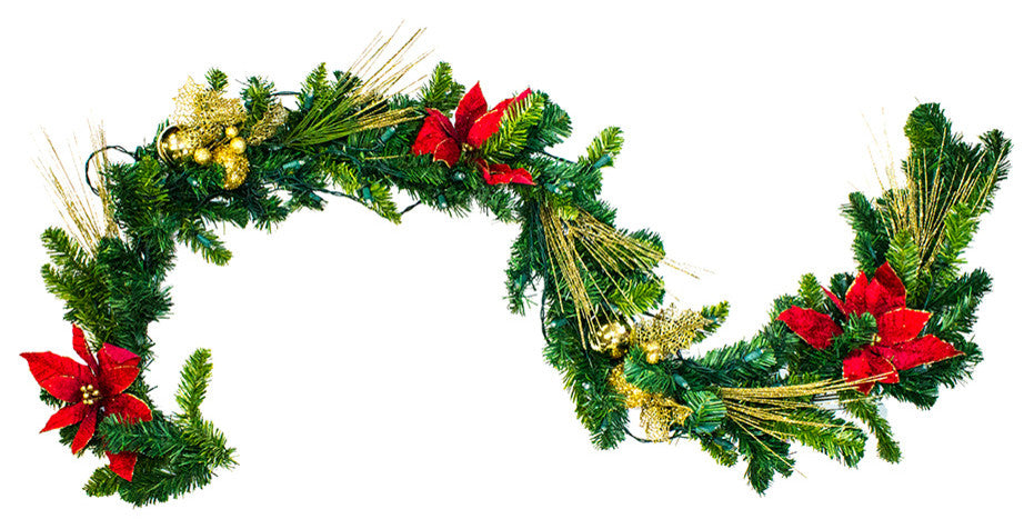 6' Poinsettia Christmas Garland With Warm White Lights
