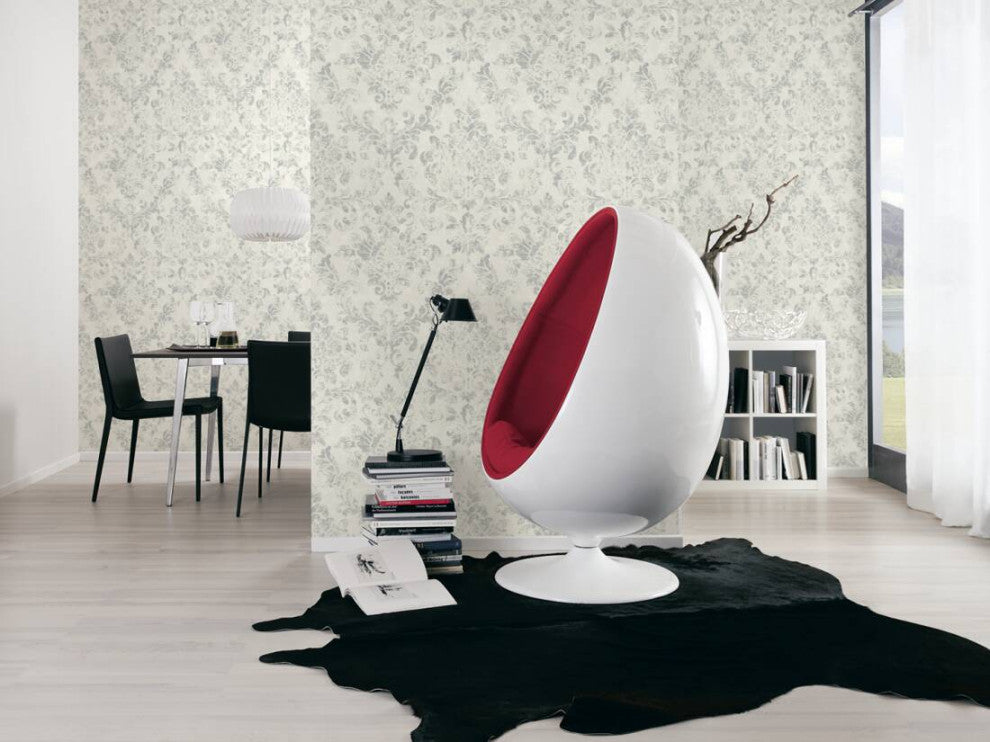 Damask Textured Wallpaper, Ornaments, 374134, White Gray Silver, 1 Roll