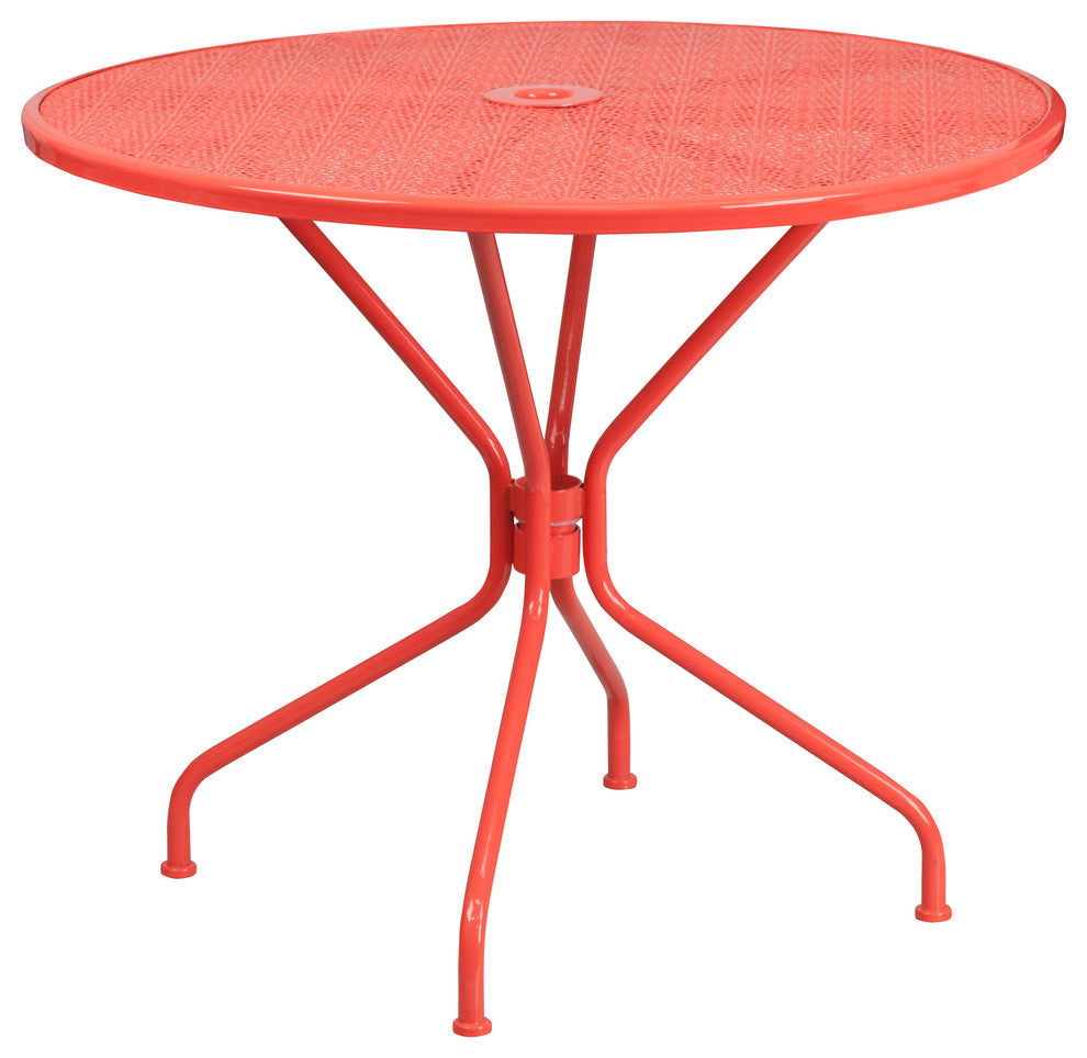 Commercial Grade 35.25" Round Coral Indoor-Outdoor Steel Patio Table