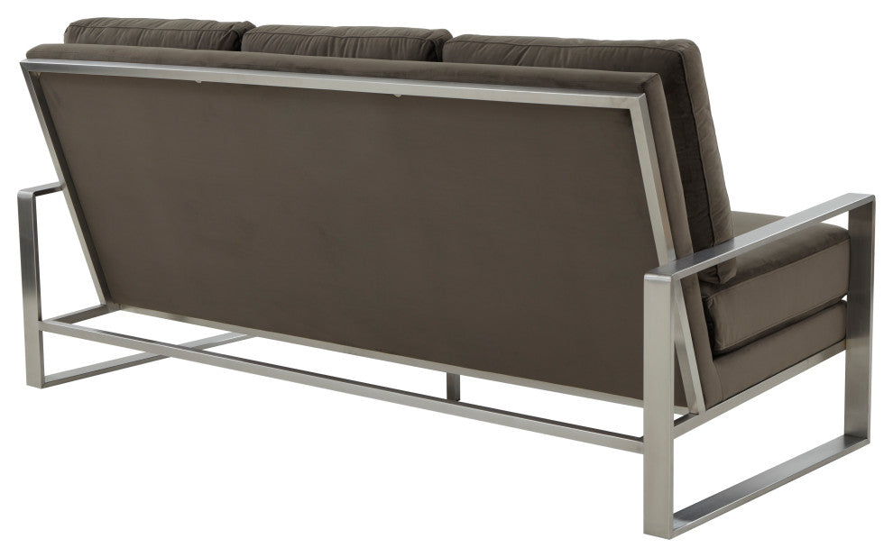 LeisureMod Jefferson Modern Design Velvet Sofa With Silver Frame, Dark Gray