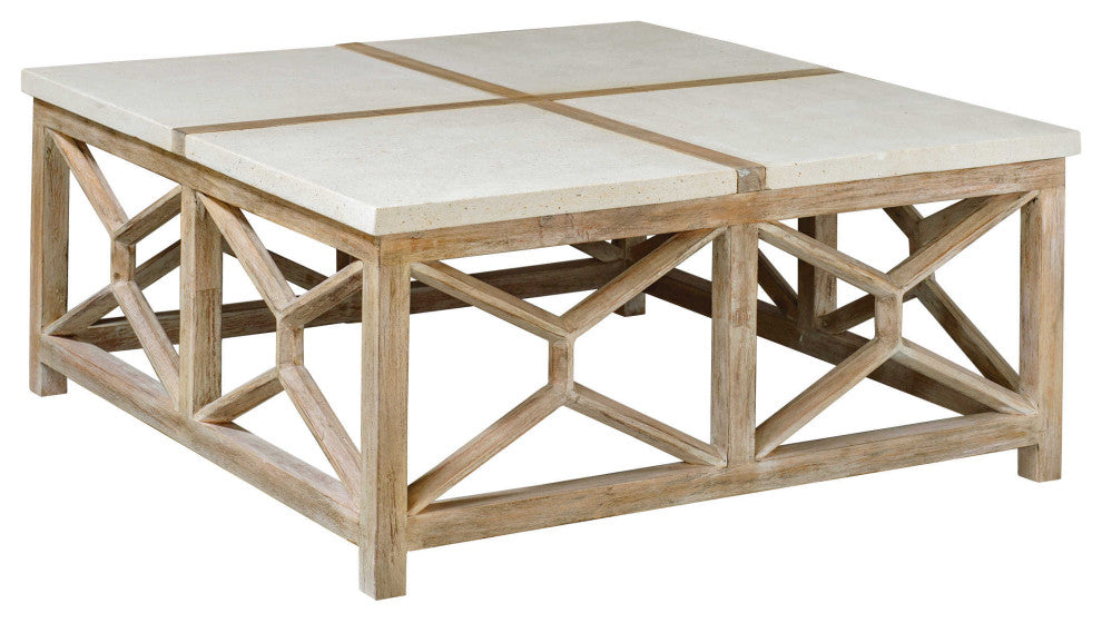 Open Light Weathered Wood Coffee Table Stone Top X Natural Minimalist Square