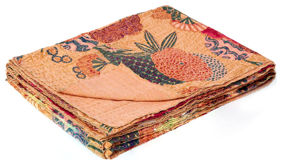 50" X 70" Orange and Red Kantha Cotton Floral Throw Blanket with Embroidery