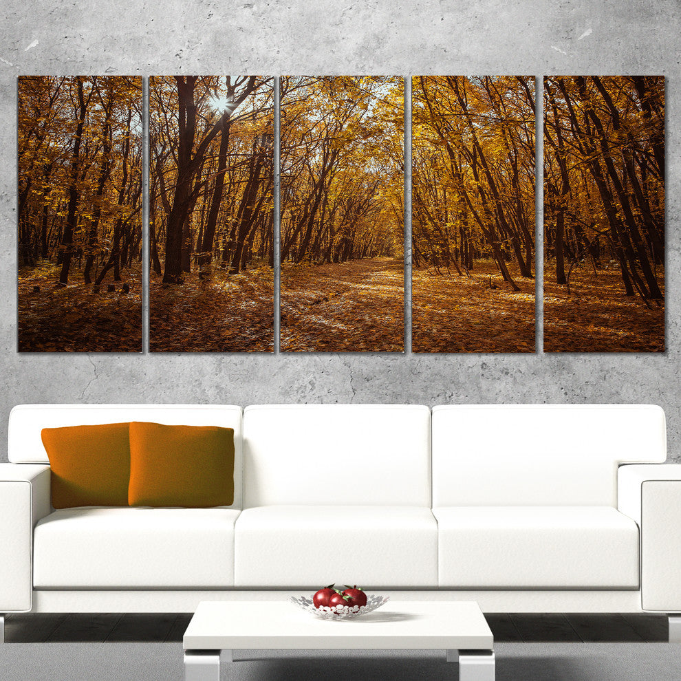 Sunset in Yellow Autumn Forest, Modern Forest Canvas Art, 60"x28", 5 Panels